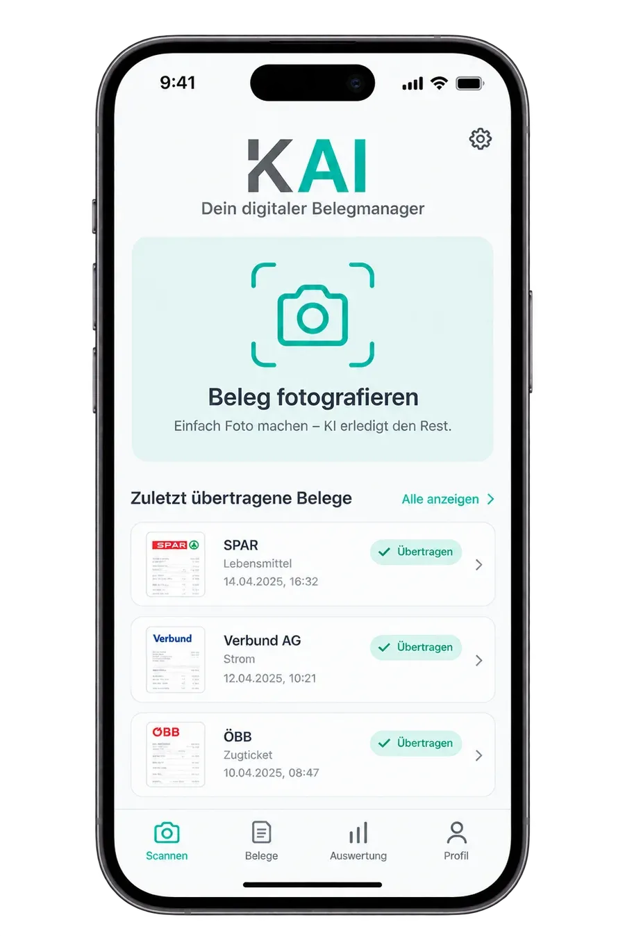 Die KAI-App auf dem Smartphone: Startbildschirm mit Beleg fotografieren und zuletzt übertragenen Belegen